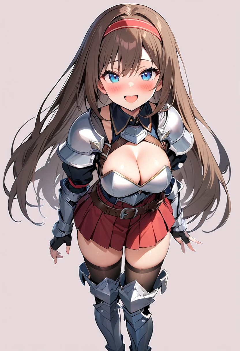 masterpiece, best quality, 1girl, solo, armor, thighhighs, skirt, brown-hair, blue-eyes, breasts, open-mouth, cleavage, smile, black-thighhighs, full-body, hairband, boots, medium-breasts, armored-boots, gloves, fingerless-gloves, pleated-skirt, greaves, shoulder-armor, belt, looking-at-viewer, pauldrons, simple-background, zettai-ryouiki, very-long-hair, gauntlets, breastplate, red-hairband, black-gloves, outline, standing, blush, armored-dress