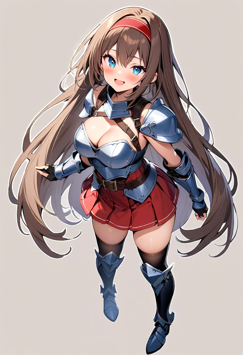 masterpiece, best quality, 1girl, solo, armor, thighhighs, skirt, brown-hair, blue-eyes, breasts, open-mouth, cleavage, smile, black-thighhighs, full-body, hairband, boots, medium-breasts, armored-boots, gloves, fingerless-gloves, pleated-skirt, greaves, shoulder-armor, belt, looking-at-viewer, pauldrons, simple-background, zettai-ryouiki, very-long-hair, gauntlets, breastplate, red-hairband, black-gloves, outline, standing, blush, armored-dress
