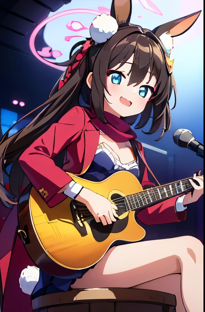 ((masterpiece)), ((best quality)), (ultra-detailed), anime style, Live performance venue, a cute girl, 1girl, solo, playing the guitar00, bunny girl00, ((beautiful eyes))0, smile