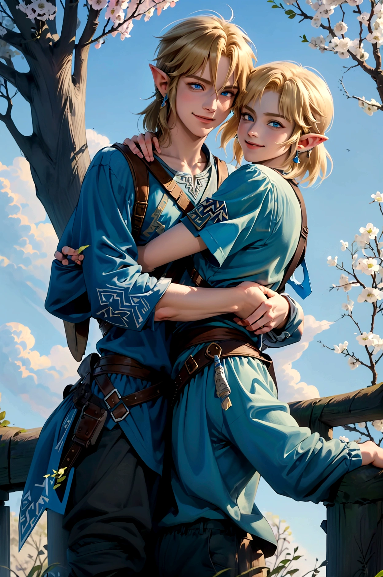 ((artwork)), (Highest quality), (detailed), ((1 boy)), (Link to the Legend of Zelda), smile, A short-haired, blue-eyed boy and a long-haired, blonde girl are hugging each other, Spring season, Bright colors