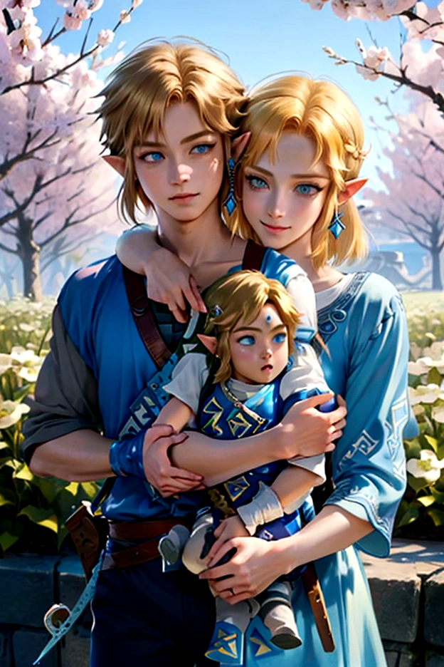 ((artwork)), (Highest quality), (detailed), ((1 boy)), (Link to the Legend of Zelda), smile, A short-haired, blue-eyed boy and a long-haired, blonde girl are hugging each other, Spring season, Bright colors