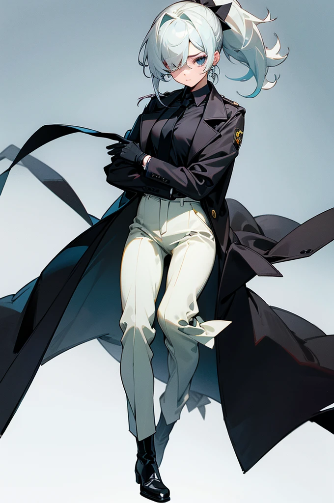 It has a common female body, nothing too exaggerated, but also not tabua, far away, typically tied in a ponytail, but it also has a little covering the right eye, being bluish-black in color. Right eye is green and left eye is blue, having a knife scar on his right eye. More social style clothes, with a white blouse, black necktie, a coat over, Petro too, dress pants too. black gloves, and a black boot. fully body