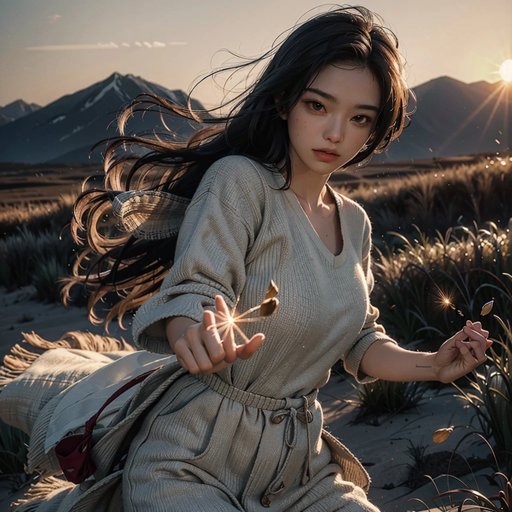 Highest image quality, outstanding details, ultra-high resolution, (realism: 1.4), a man scattering seeds on the empty land,cinematic, sunset