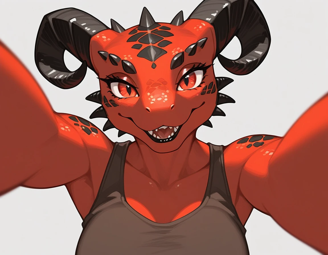 Solo, score_9,score_8_up,score_7_up, kemono style, Anthro Argonian female from skyrim, Anthro reptile girl, snout, red scaled skin, red eyes, black lips, black horns, black ram horns, athletic body, smiling, wearing brown tank top, pov, pov she is holding viewers face, simple grey background