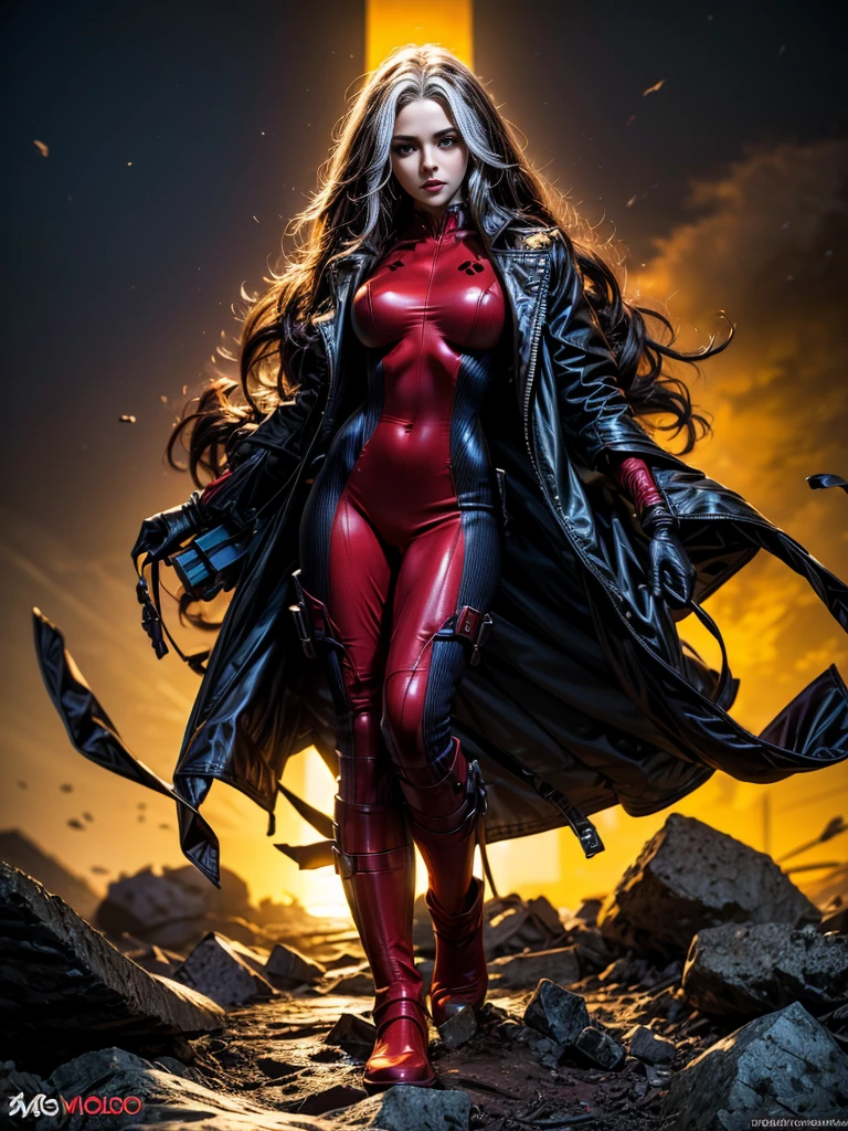 Eliza Dushku、masterpiece、High quality 4K、villain (X-Men)、Gothic Girl、Sculpted Body Gothic Makeup、Black jacket、Red and blue bodysuit、masterpiece、Highest quality、Cowboy Shots、One personの女の子、One person、Technology Military Bodysuit、fringe