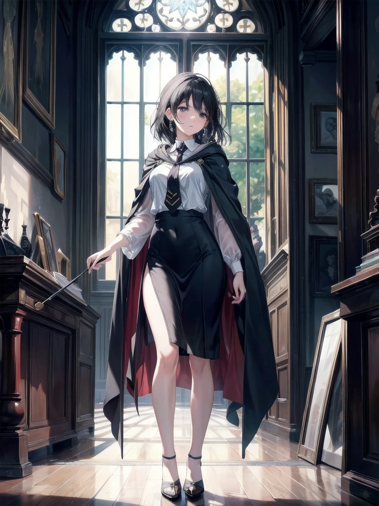 absurdres, RAW photo, extremely delicate and beautiful, masterpiece, Best Quality, ultra high resolution, 32k, hyperrealistic, ultra-detailed, delicate facial features, beautiful detailed woman, tearful mole, earring, medium breasts, (full body shot), medium hair, black hair, hogwarts teacher, curious, necktie, cloak,