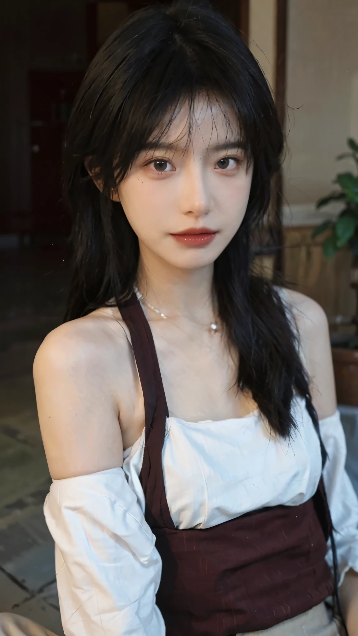 Film portrait photography, 1 girl, bare shoulders,lipstick,(flat chest:1.4), wear necklace,Big breasts,Cute expression,Exquisite makeup,Red suspenders,serene, calm, (Realistic and detailed eyes, natural skin texture, Realistic facial details), Soft dramatic lighting, depth of field, Bokeh, Vibrant details, Detailed and detailed, surreal, 35mm film, hazy, ,