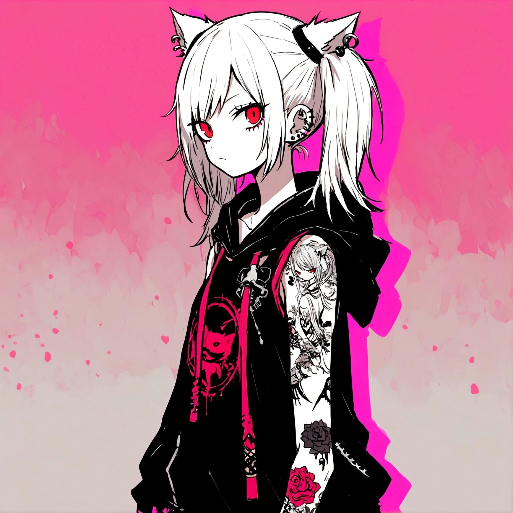 Punk rock emo girl, Neko, wolf girl, long neon white hair in pigtails, tattoo sleeves and piercings, Red eyes, slender, skinny, short, Harajuku-inspired hooded kimono, no twins, one person