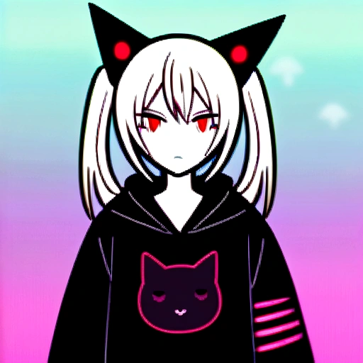 Punk rock emo girl, Neko, wolf girl, long neon white hair in pigtails, tattoo sleeves and piercings, Red eyes, slender, skinny, short,  Harajuku-inspired hooded kimono, no twins, one person