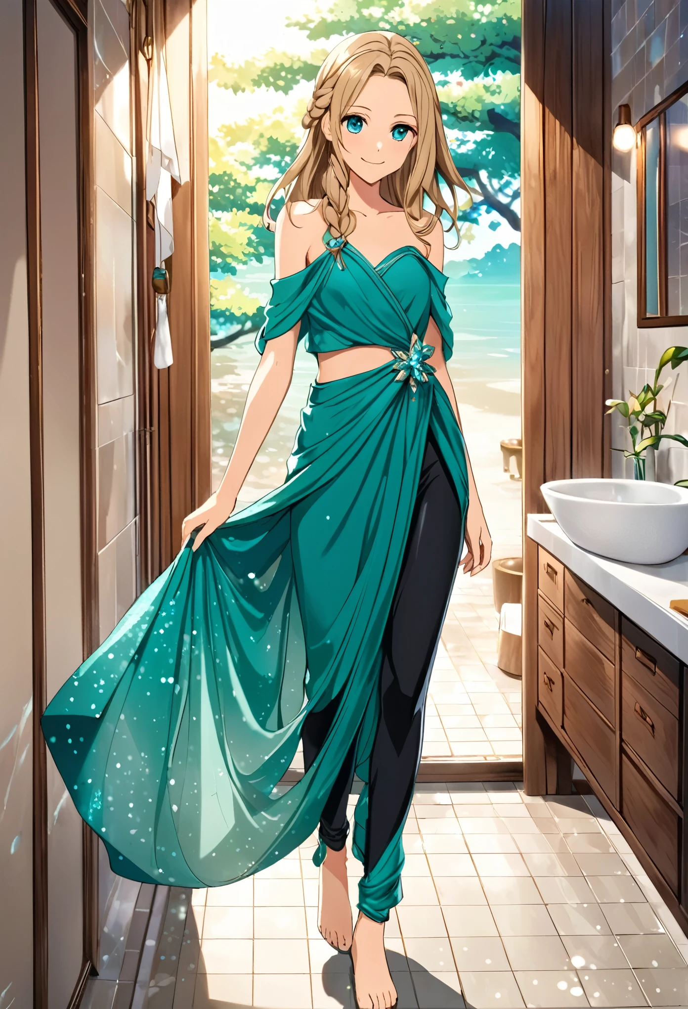 solo, 1, tall, old figure, (straight hair with braid end (dark blonde)), beautiful face, (close mouth:1.2), smiling softly, small breast flat, teal colored crystal themed cold shoulder dress, black leggings pants and drapped sarong, bathromm, anime style