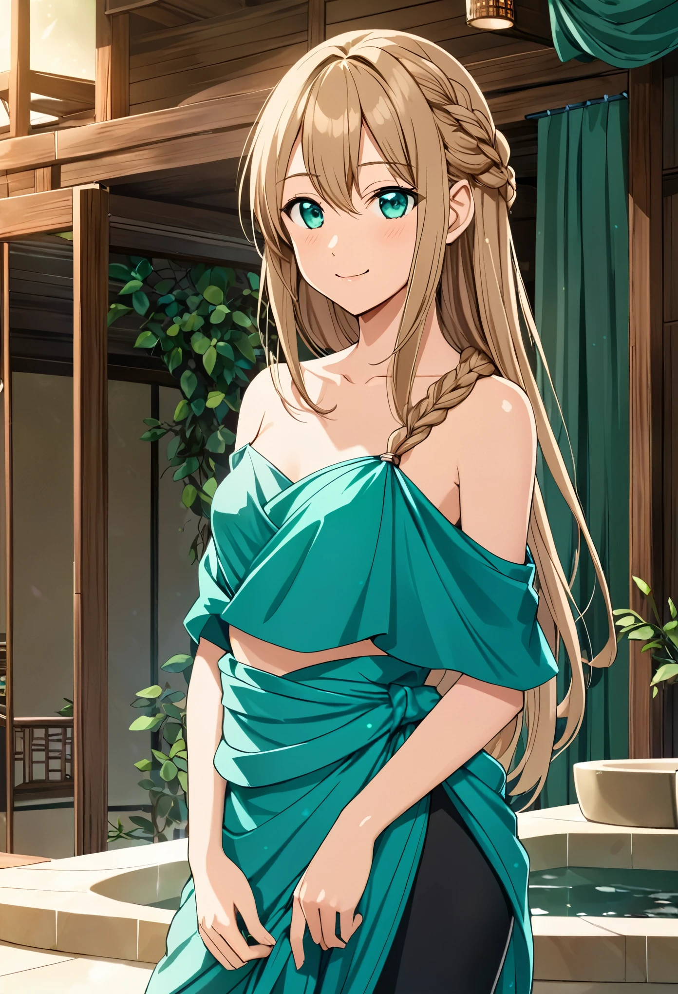  solo, 1, tall, old figure, (straight hair with braid end (dark blonde)), beautiful face, (close mouth:1.2), smiling softly, small breast flat, teal colored crystal themed cold shoulder dress, black leggings pants and drapped sarong, bathromm, anime style
