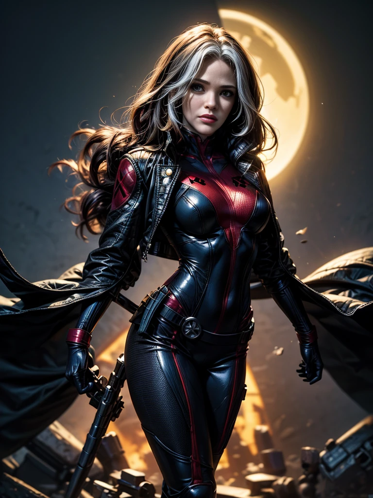 Jennifer Garner、masterpiece、High quality 4K、villain (X-Men)、Gothic Girl、Sculpted Body Gothic Makeup、Black jacket、Red and blue bodysuit、masterpiece、Highest quality、Cowboy Shots、One personの女の子、One person、Technology Military Bodysuit、fringe