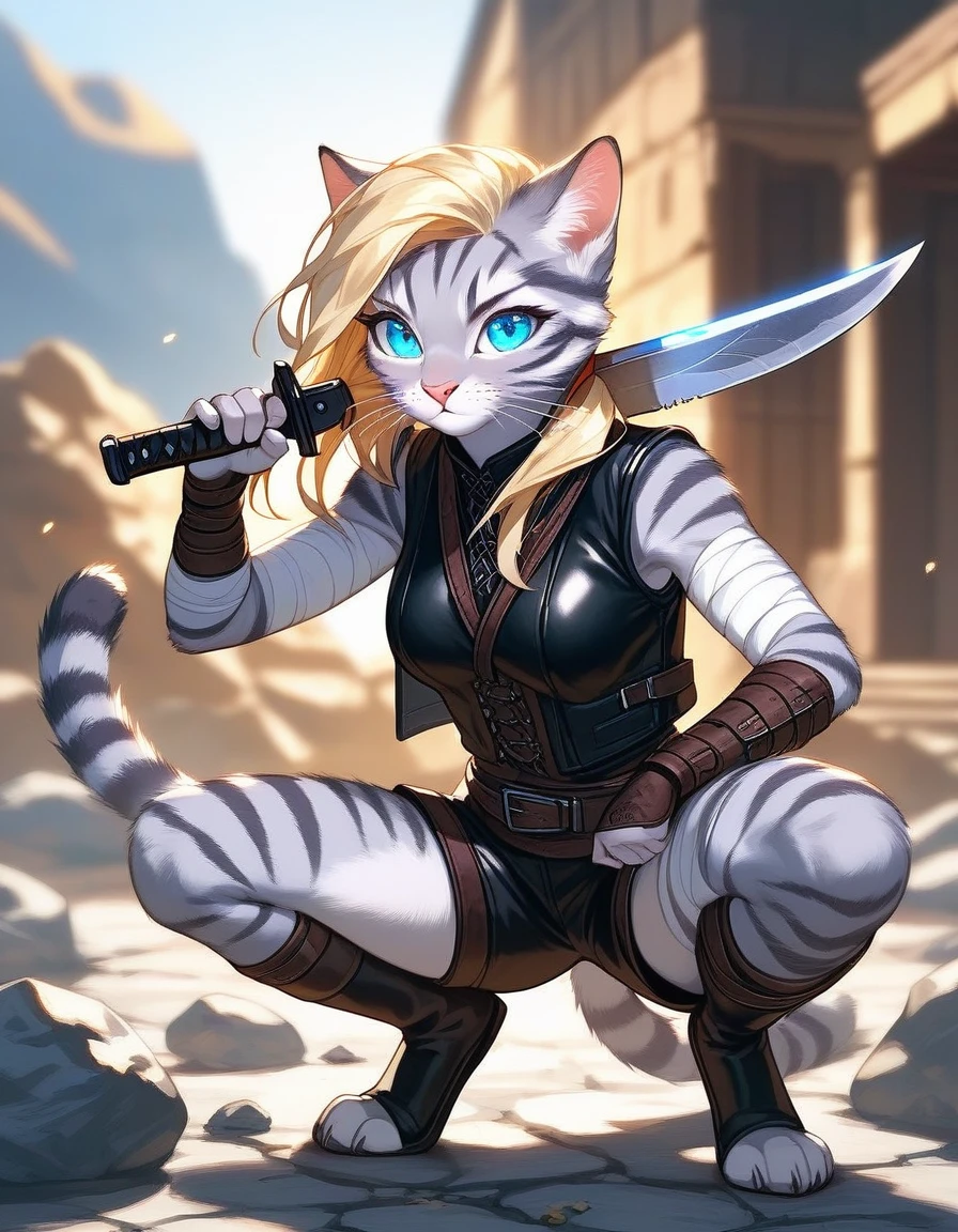 Solo, score_9,score_8_up,score_7_up, source_cartoon, kat, Anthro furry feline, female, tall slender body, long blonde hair, long undercut hair, pink nose, blue eyes, white whiskers, silver fur, grey stripes, furry body, wearing black cloth vest, black leather medieval vest, black short shorts, adventuring gear, feet wrapped in bandages, outdoors, nighttime, squatting, assassins pose, holding a combat knife, eyes glowing blue, on a rock,