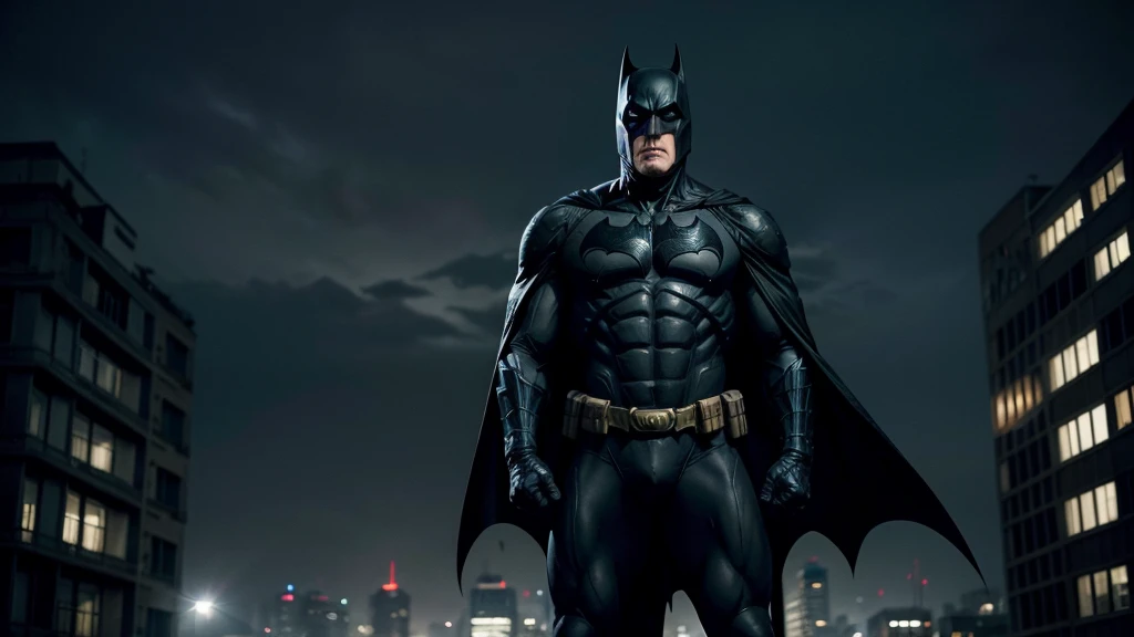 Creates a realistic, dark image of an older Batman inspired by the comic 'The Dark Knight Returns'. He displays a full-body action pose of a grey-haired and muscular Batman, his suit worn from years of battle. Batman must be on top of a building, gliding with his cape, throwing a batarang, or hanging from a rope. He highlights the age lines on his face, showing his determination and experience. The background should be a dark and gloomy Gothic city, with dramatic lighting that emphasizes the intensity of the scene. Capture the epic, almost mythical nature of an aging Dark Knight still fighting for justice.
