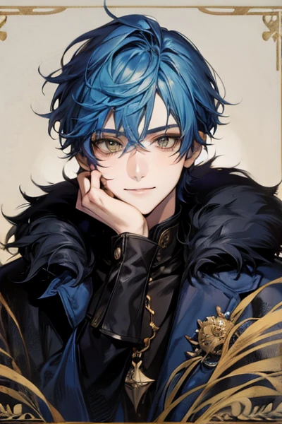 masterpiece, alone, 1 male, short hair, Blue Hair, Yellow Eyes, Black Leather, fur, Smile Facial