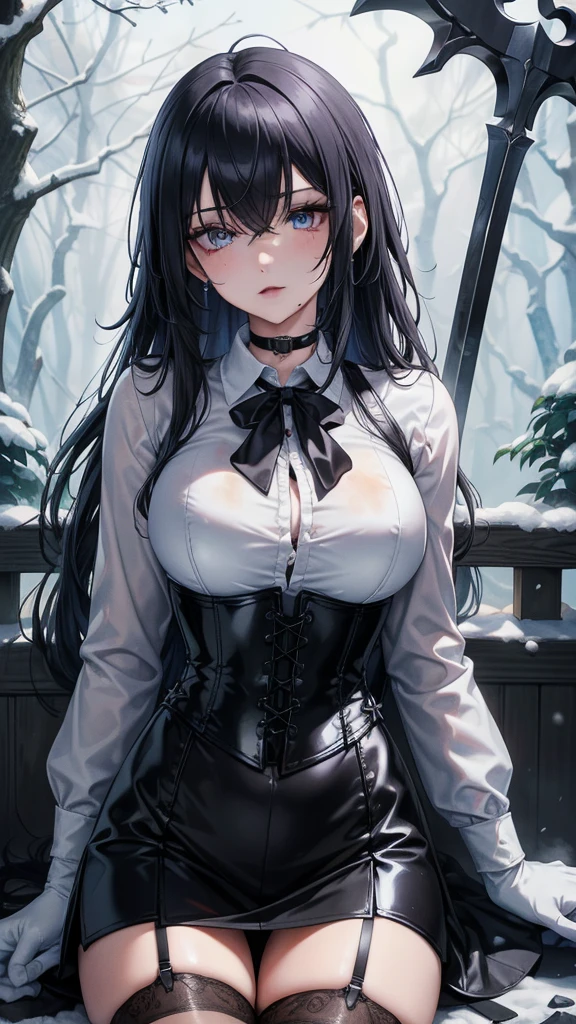 ((blood droplets)), ((blood)), ((blood splatter)), ((blood on clothes)), ((blood stain)), Masterpiece, Beautiful art, professional artist, 8k, art style by sciamano240, Very detailed face, Detailed clothing, detailed fabric, 1 girl, View from above, lying completely on the ground, perfectly drawn body, terrified expression, pale skin, beautiful face, long black hair, Blue eyes, very detailed eyes, pink cheeks, choker:1.6, (white collar button down long sleeve shirt), black gloves, gloves that cover hands, (holding an ax in his right hand), (black leather corset), (shiny black miniskirt), Sensual Lips , evening de invierno, show details in the eyes, looking at the viewer, Dark road, Snowy forest, evening, Atmosphere, snow