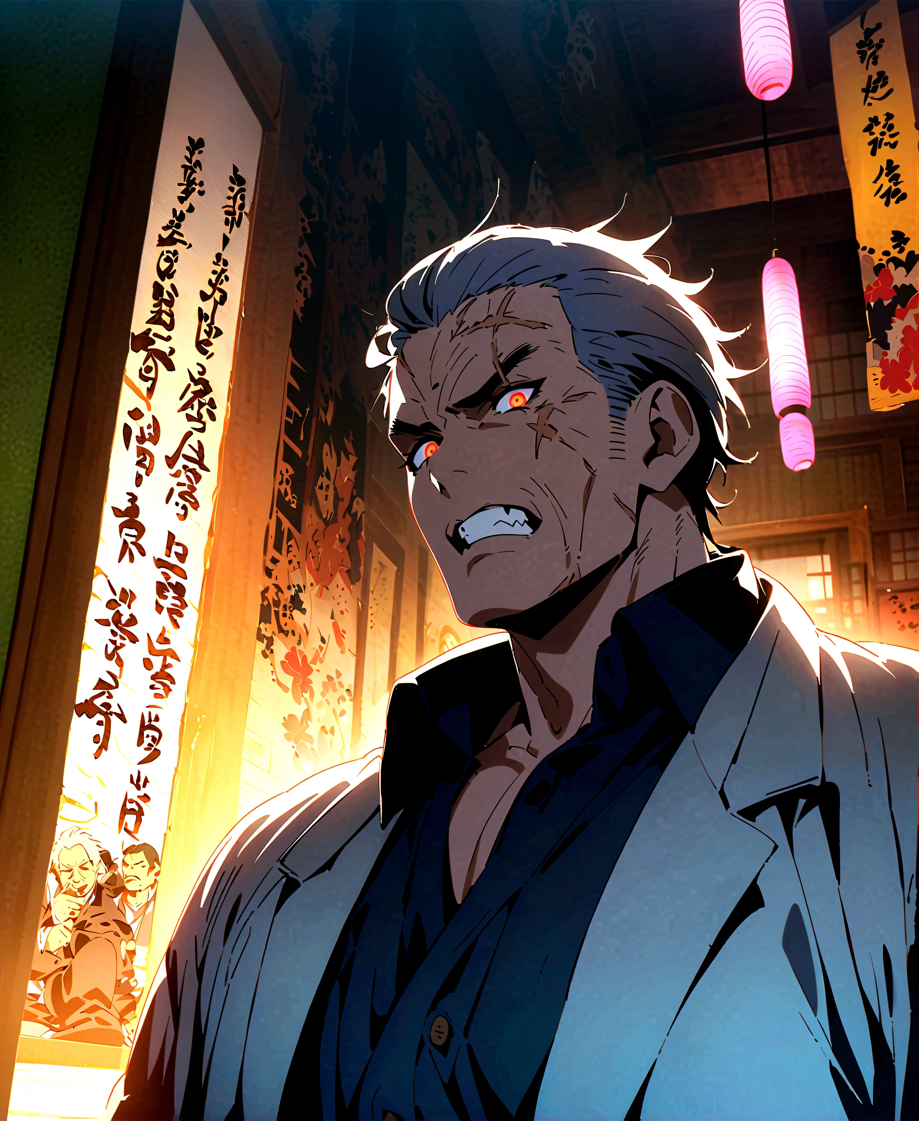 anime artwork, score_9, score_8_up, score_7_up, score_6_up, score_5_up, Japanese-style room、Yakuza boss、Regionally designated crime syndicates、Stern old man、Gray Hair、Sharp Eyes、Wound on the right eye、Scars on the face and body、DOSS、Yakuza Fashion、kimono、Japanese sword、Chaka、gun、