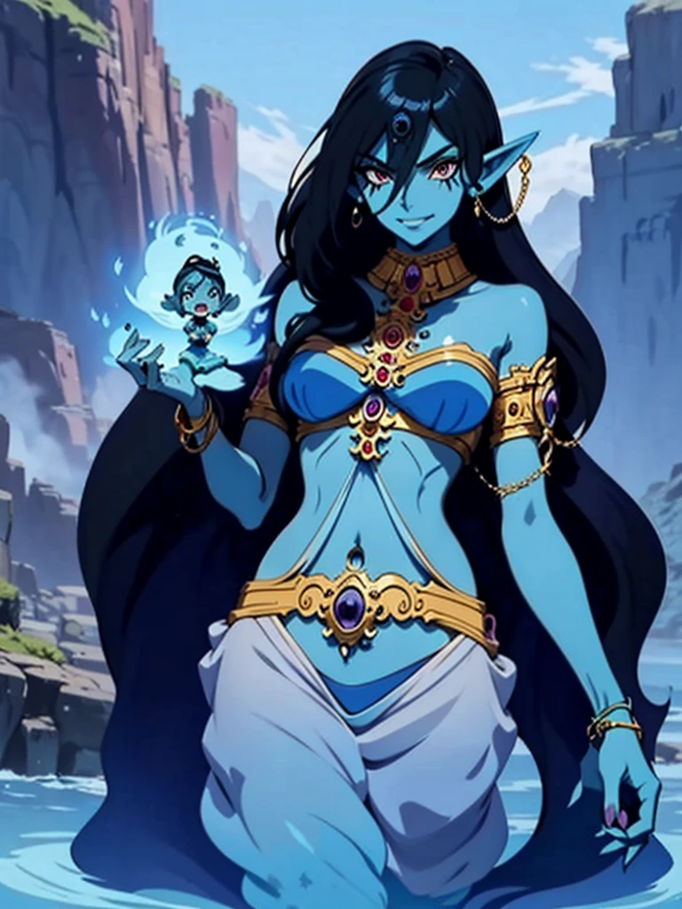 (Masterpiece, best quality, official art, 8K), 1 anime girl with blue hair and a chain around her neck, Human Hybrid Djinn, blue genie, (((ALONE))), Asian Female Water Elemental, Goddess Inanna, maya ali sorceress, The Greek goddess Afrotita, aesthetic!!!!!! 1 female genie, beautiful girl genie, evil godess, maya ali as a storm sorceress, maya ali as a wind wizard, detailed full body concept, colorful concept art, adoptable character, spiritual fantasy concept art, Human Hybrid Djinn, character Complex fantasy, blue-skinned elf.