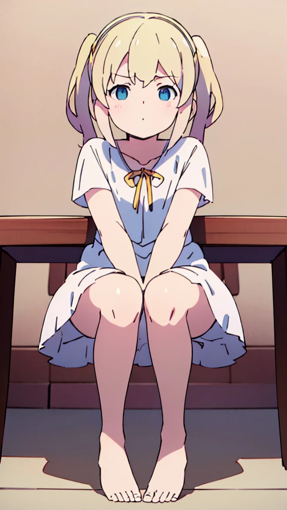 ((masterpiece))((Highest quality))Sitting in a chair、Blonde twin tails、(So that your whole body can be seen)、Directly in front、No background、(Put your feet on the ground)