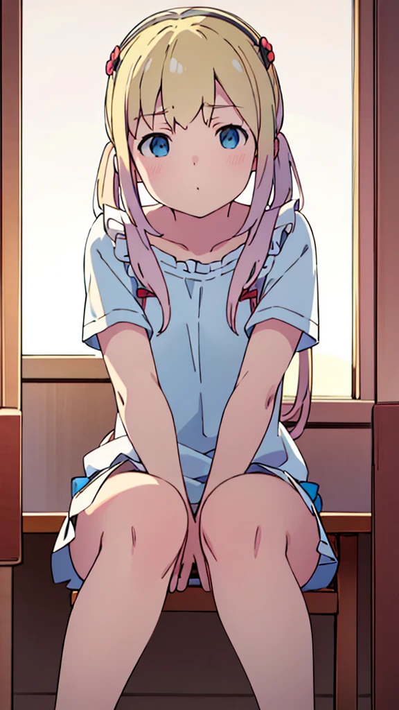 ((masterpiece))((Highest quality))Sitting in a chair、Blonde twin tails、(So that your whole body can be seen)、Directly in front、No background、(Put your feet on the ground)