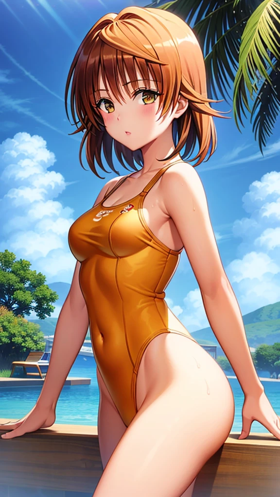 1girl, solo, looking at viewer, short hair, brown hair, brown eyes, swimsuit, cowboy shot, armpits, arms up, lips, one-piece swimsuit, white one-piece swimsuit, pool, photo background