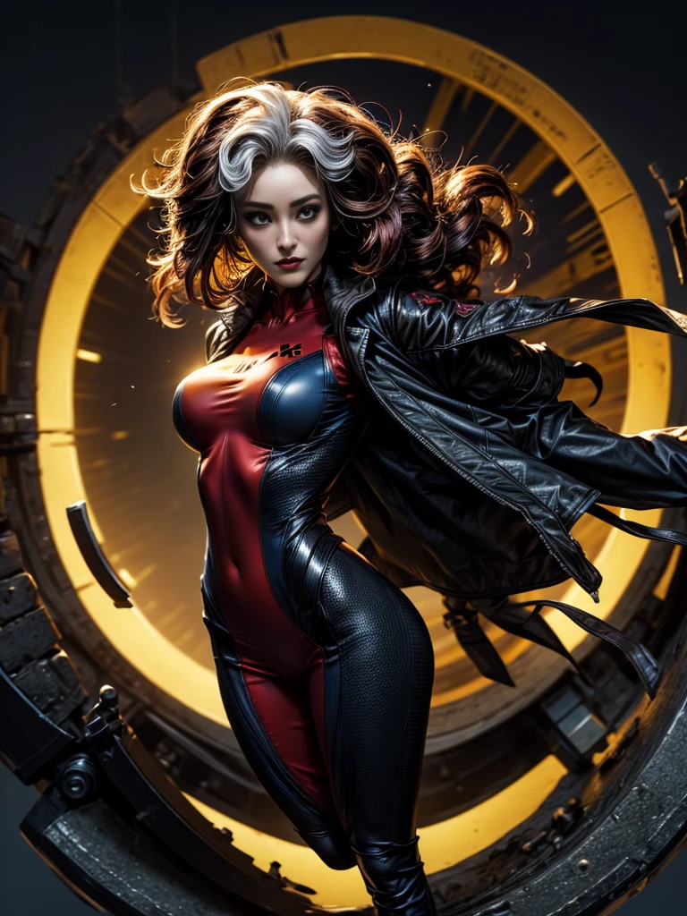 Maggie Q、masterpiece、High quality 4K、villain (X-Men)、Gothic Girl、Sculpted Body Gothic Makeup、Black jacket、Red and blue bodysuit、masterpiece、Highest quality、Cowboy Shots、One personの女の子、One person、Technology Military Bodysuit、fringe