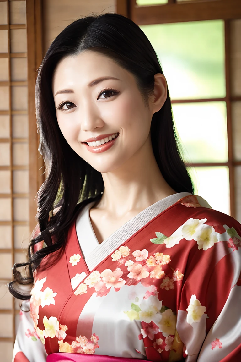(Highest quality、Tabletop、8K、Best image quality、Award-winning works)、(One beautiful mature woman:1.1)、Mature Face、(Innkeeper:1.1)、(Elegant floral kimono:1.2)、 kimono with a perfect and precise collar:1.2)、Perfect mature woman portrait photo、Glowing Skin、Standing Elegantly、(Blurred elegant and exquisite perfect Japanese style room background:1.3)、(The most natural and perfect tidy Japanese style room background:1.2)、Glowing White Skin、Very white skin、(Accentuate your body lines:1.1)、(The most graceful posture:1.2)、(Large Breasts:1.2)、Smiling with perfect beautiful teeth、(Accurate anatomy:1.1)