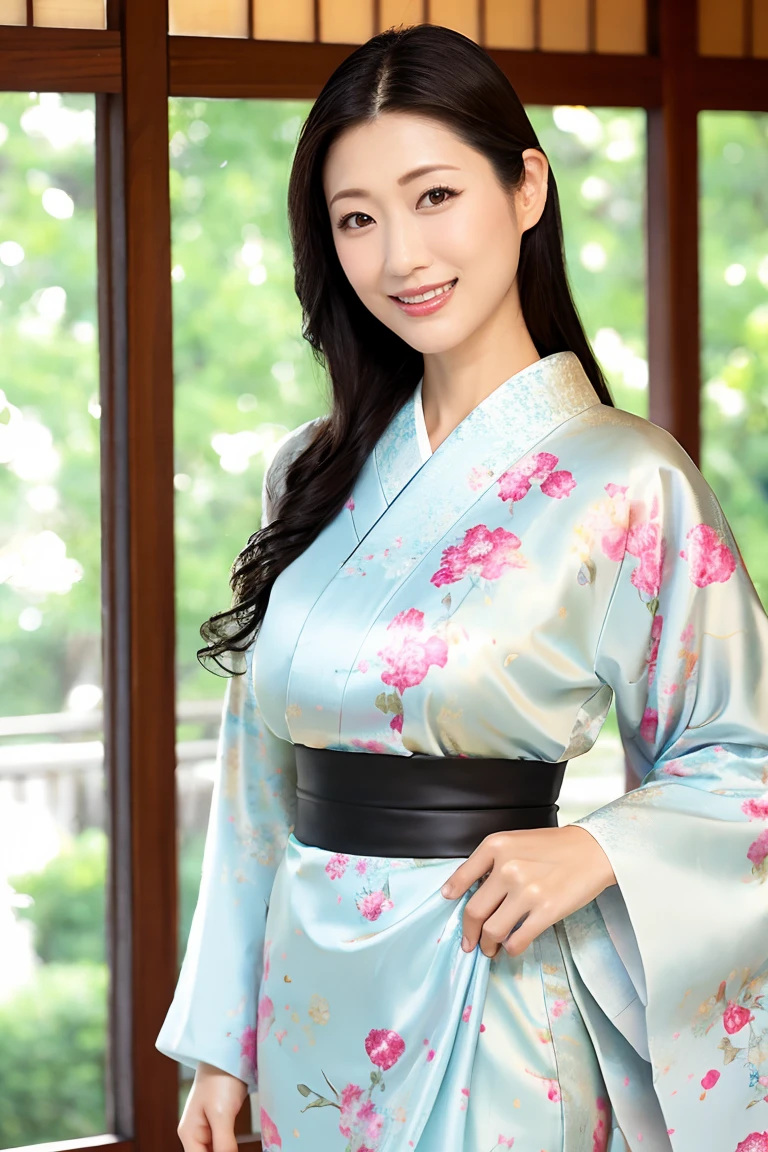(Highest quality、Tabletop、8K、Best image quality、Award-winning works)、(One beautiful mature woman:1.1)、Mature Face、(Innkeeper:1.1)、(Elegant floral kimono:1.2)、 kimono with a perfect and precise collar:1.2)、Perfect mature woman portrait photo、Glowing Skin、Standing Elegantly、(Blurred elegant and exquisite perfect Japanese style room background:1.3)、(The most natural and perfect tidy Japanese style room background:1.2)、Glowing White Skin、Very white skin、(Accentuate your body lines:1.1)、(The most graceful posture:1.2)、(Large Breasts:1.2)、Smiling with perfect beautiful teeth、(Accurate anatomy:1.1)