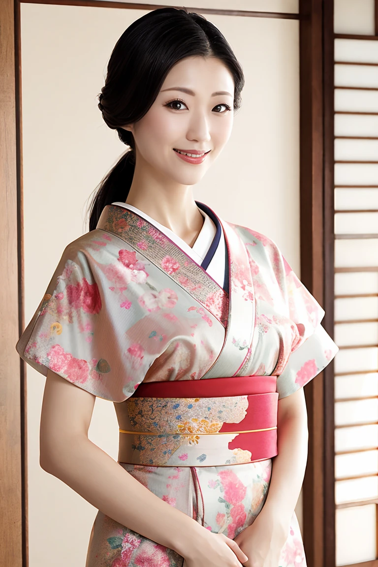 (Highest quality、Tabletop、8K、Best image quality、Award-winning works)、(One beautiful mature woman:1.1)、Mature Face、(Innkeeper:1.1)、(Elegant floral kimono:1.2)、 kimono with a perfect and precise collar:1.2)、Perfect mature woman portrait photo、Glowing Skin、Standing Elegantly、(Blurred elegant and exquisite perfect Japanese style room background:1.3)、(The most natural and perfect tidy Japanese style room background:1.2)、Glowing White Skin、Very white skin、(Accentuate your body lines:1.1)、(The most graceful posture:1.2)、(Large Breasts:1.2)、Smiling with perfect beautiful teeth、(Accurate anatomy:1.1)