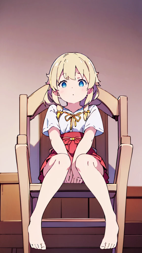 ((masterpiece))((Highest quality))Sitting in a chair、Blonde twin tails、(So that your whole body can be seen)、Directly in front、No background、(Put your feet on the ground)