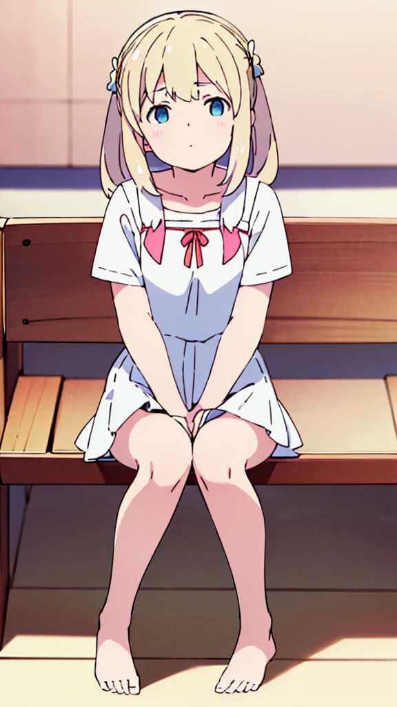 ((masterpiece))((Highest quality))Sitting in a chair、Blonde twin tails、(So that your whole body can be seen)、Directly in front、No background、(Put your feet on the ground)