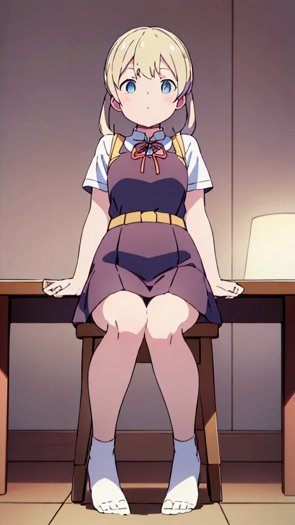 ((masterpiece))((Highest quality))Sitting in a chair、Blonde twin tails、(So that your whole body can be seen)、Directly in front、No background、(Put your feet on the ground)