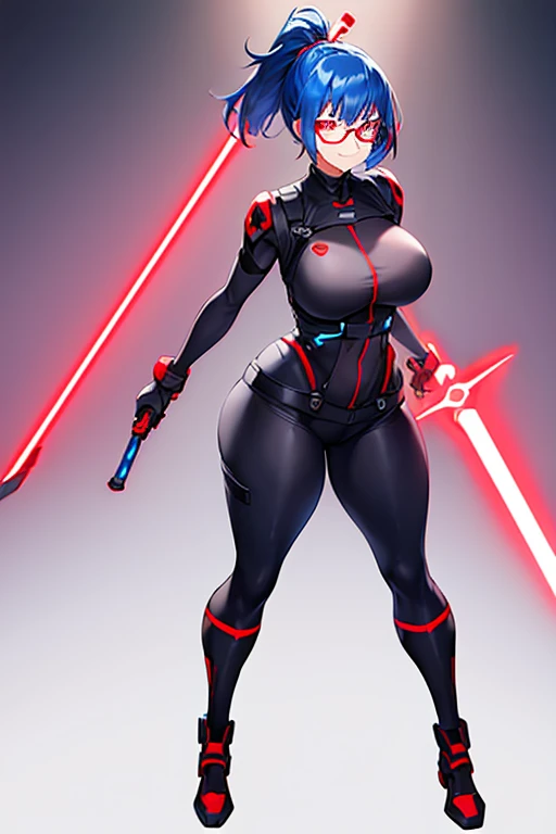 1girl, red eyes, blue hair, very short hair, ponytail, large breasts, hourglass figure, bodysuit, black bodysuit, neon, neon trim, machinery, tech, science-fiction, red glasses, futuristic, smile, standing, full body, ((full body)), sword, lightsaber, holding weapon
