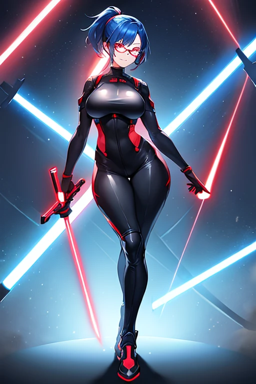 1girl, red eyes, blue hair, very short hair, ponytail, large breasts, hourglass figure, bodysuit, black bodysuit, neon, neon trim, machinery, tech, science-fiction, red glasses, futuristic, smile, standing, full body, ((full body)), sword, lightsaber, holding weapon