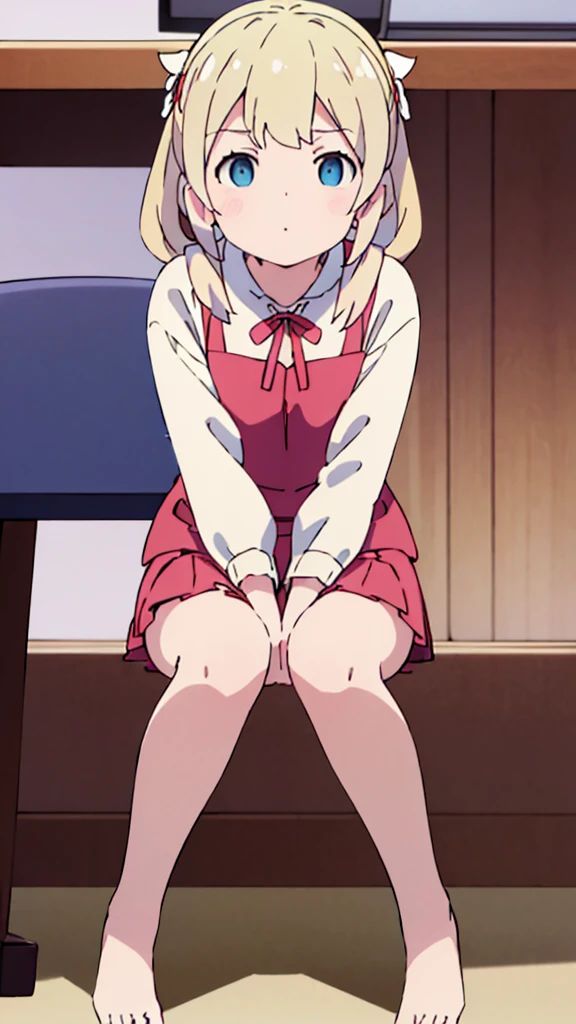 ((masterpiece))((Highest quality))Sitting in a chair、Blonde twin tails、(So that your whole body can be seen)、Directly in front、No background、(Put your feet on the ground)