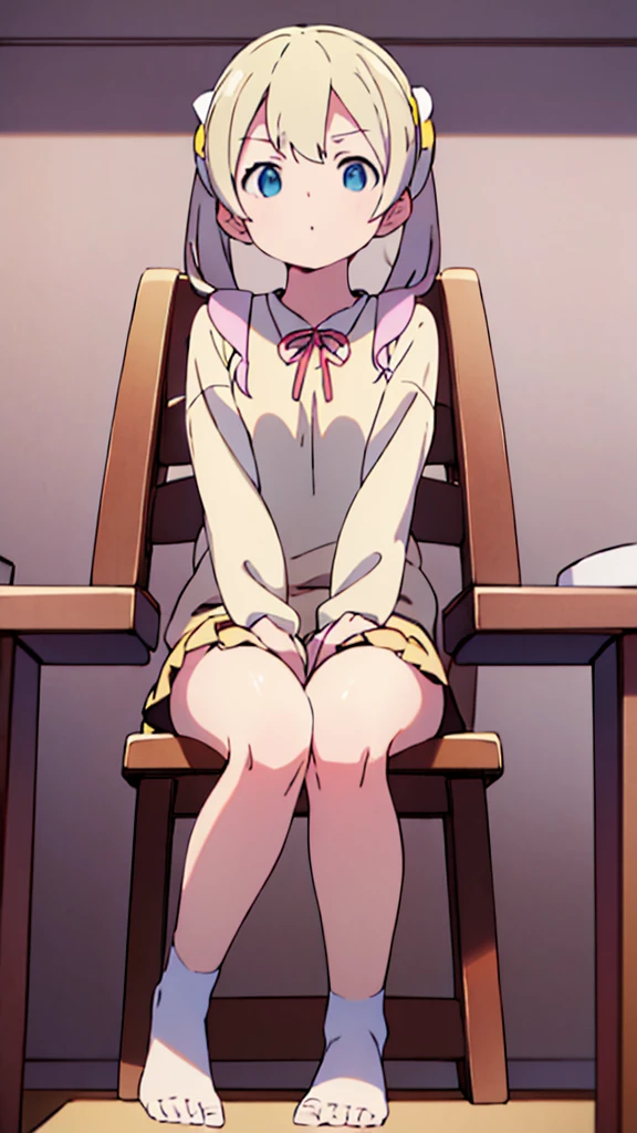 ((masterpiece))((Highest quality))Sitting in a chair、Blonde twin tails、(So that your whole body can be seen)、Directly in front、No background、(Put your feet on the ground)