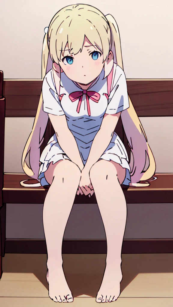 ((masterpiece))((Highest quality))Sitting in a chair、Blonde twin tails、(So that your whole body can be seen)、Directly in front、No background、(Put your feet on the ground)