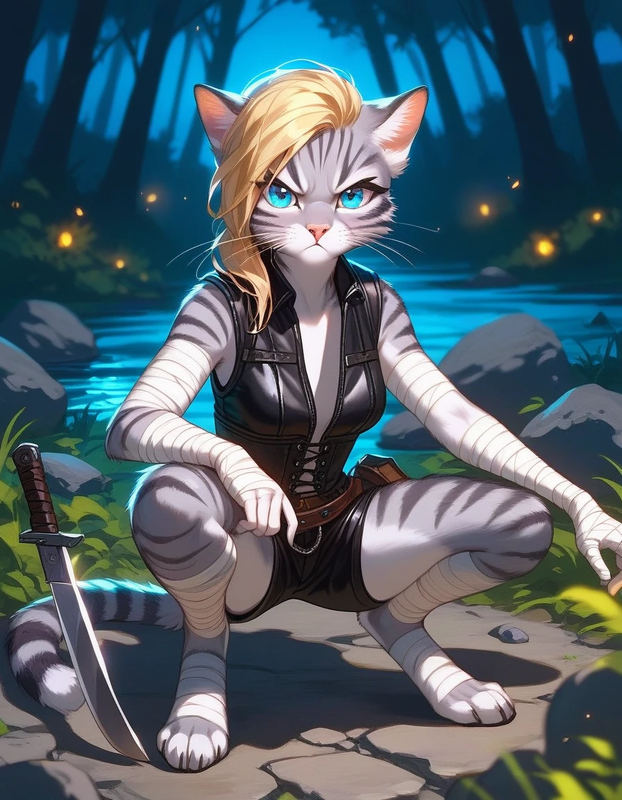 Solo, score_9,score_8_up,score_7_up, source_cartoon, kat, Anthro furry feline, female, tall slender body, long blonde hair, long undercut hair, pink nose, blue eyes, white whiskers, silver fur, grey stripes, furry body, wearing black cloth vest, black leather medieval vest, black short shorts, adventuring gear, feet wrapped in bandages, outdoors, nighttime, squatting, holding a combat knife, eyes glowing blue, on a rock, at night, in a forest, serious expression