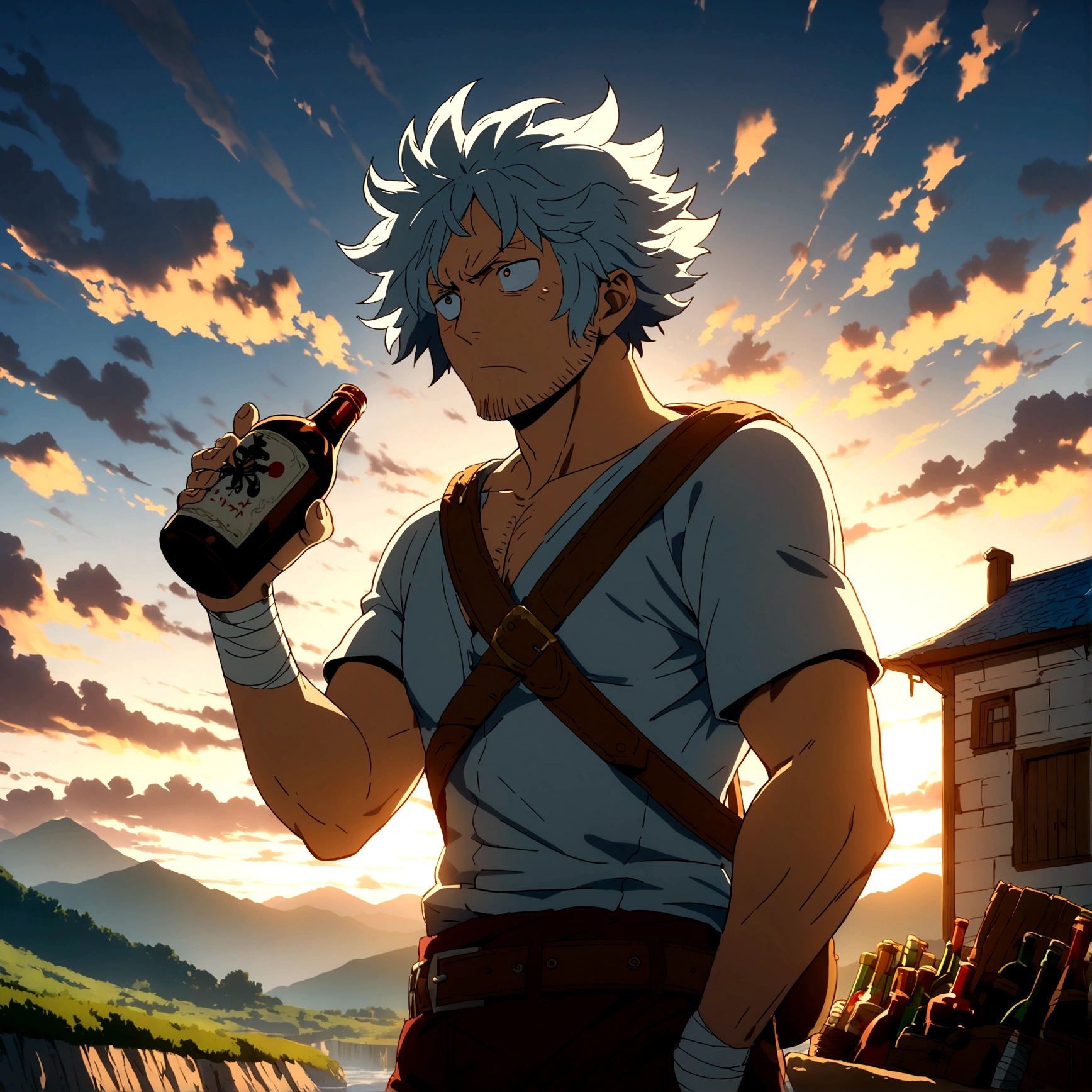 35-year-old man, unkempt appearance, small and stocky build, disheveled hair and shrewd eyes, tired look due to drinking, hands wrapped in bandages, simple and worn clothing consisting of a short tunic, trousers and light boots, carries a small leather bag attached to his belt, probably filled with small bottles of liquor, "Anime design inspired by One Piece, filled with dramatic and impressive lighting, infused with creative details, ultra-fine 2D design, scenery bathed in creativity, boasting 2D anime resolution clarity, HD anime graphics, high-octane rendering"