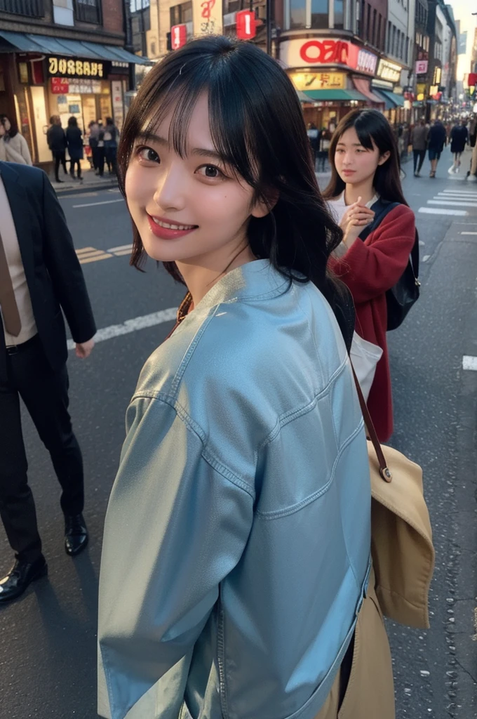 Candid photo of yurayura_yuuura,  with captivating
eyes, smiling amidst a bustling city, upper body
framing, in a street photography setting, golden hour
lighting:1.3), shot at eye level, on a Fujifilm X-T4
with a 50mm lens, in the style of Alfred Stieglitz
