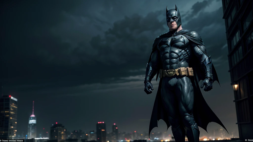 Creates a realistic, dark image of an older Batman inspired by the comic 'The Dark Knight Returns'. He displays a full-body action pose of a grey-haired and muscular Batman, his suit worn from years of battle. Batman must be on top of a building, gliding with his cape, throwing a batarang, or hanging from a rope. He highlights the age lines on his face, showing his determination and experience. The background should be a dark and gloomy Gothic city, with dramatic lighting that emphasizes the intensity of the scene. Capture the epic, almost mythical nature of an aging Dark Knight still fighting for justice.