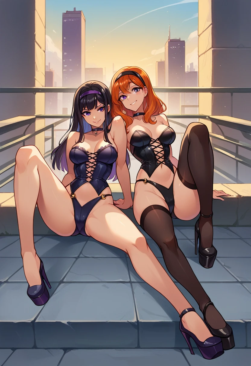 dbv1, Orange hair, black hair band, black choker on the neck, black sexy corset and miniskirt, black thigh high socks, purple eyes, 2 girls, lying down, One on top of the other,medium breasts, full body shot, Long legs apart, Black Platform High Heels, SMILE, looking at the viewer, city background,
