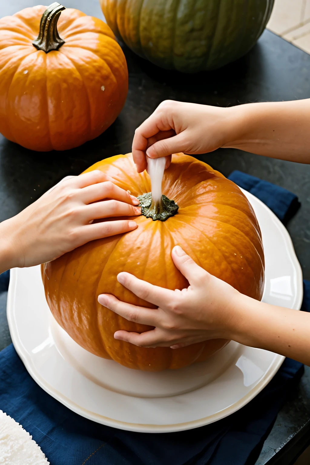 hands washing a pumpkin with water