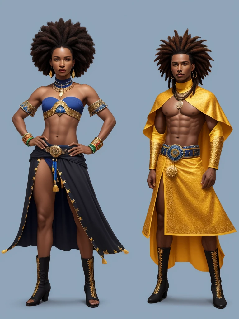 Create an image of a black ninja after an apocalypse in the future, afro cabelo caindo para frente, Rasta type but braided, corpo inteiro, vestindo um traje indiano ribulo africano corpo inteiro, A realistic 4K phoenix with blue feathers, dourado, cosmico , com uma Moreno, de cabelo afro cabelo caindo para frente, Rasta type but braided, Estilo Art Vista de Corpo Inteiro, plano completo, vista frontal, Vista lateral, vista traseira, de personagem, Multiple views and poses, various points of view, um personagem, corpo inteiro, personagem com menos, estilo de roupa, no mesmo Estilo de cabelo, less Type of footwear, strong full-body vision, plano completo, vista frontal, vista traseira, design de personagem, Multiple views and poses, various points of view, de um personagem, corpo inteiro,, personagem com mesmo, estilo de roupa, no mesmo Estilo de cabelo, same type of footwearThe route follows the cores of the Cape Verde flag. The top is deep blue, simbolizando o oceano que cerca as ilhas. The chest and the central part are white, representando a paz e a unidade do povo cabo-verdiano. The sleeves and legs are red, denoting determination and spirit, do 10 Estrelas Douradas, : Ten gold stars are prominently displayed at the top of the costume, ao longo do peito e ombros, representando as 10 principais ilhas de Cabo Verde. Cada estrela, It is carefully detailed and shines brightly against the background Star Belt A wide belt, also golden, is used in Tribal Details, O traje incorpora elementos tribais discretos em seu design, referencing the cultural heritage of Cape Verde