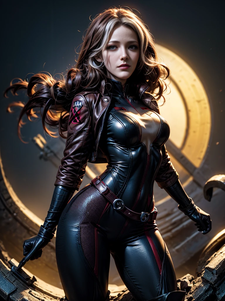 Blake Lively、masterpiece、High quality 4K、villain (X-Men)、Gothic Girl、Sculpted Body Gothic Makeup、Black jacket、Red and blue bodysuit、masterpiece、Highest quality、Cowboy Shots、One personの女の子、One person、Technology Military Bodysuit、fringe