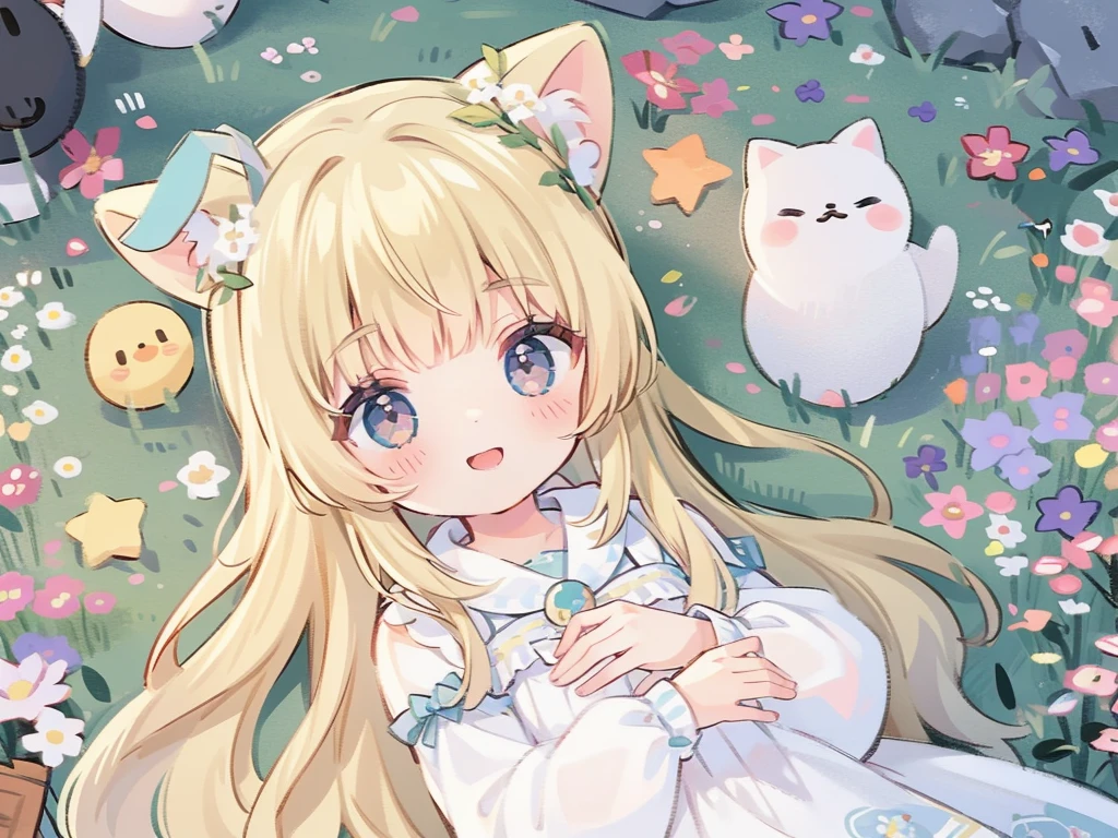 masterpiece,Highest quality,so beautiful,Absurd,Written boundary depth,Chromatic_aberration,One Girl,alone,smile,青い目でLight blonde hairの長髪の美女、goddess、White clothes、flower、Detailed landscape、Background、masterpiece, garden, blue sky, Light blonde hair, Long Hair, Long eyelashes、