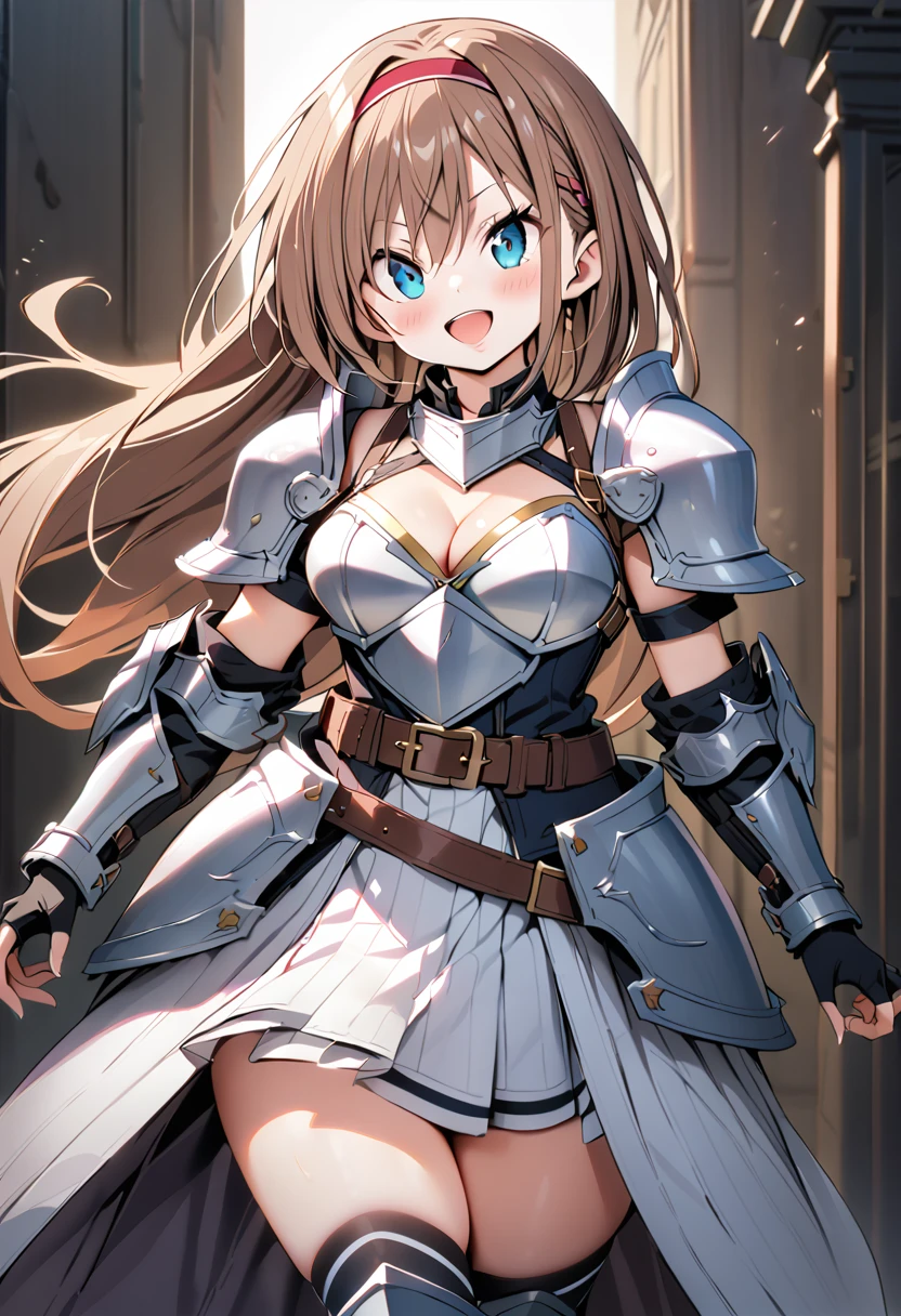 masterpiece, best quality, 1girl, solo, armor, thighhighs, skirt, brown-hair, blue-eyes, breasts, open-mouth, cleavage, smile, black-thighhighs, full-body, hairband, boots, medium-breasts, armored-boots, gloves, fingerless-gloves, pleated-skirt, greaves, shoulder-armor, belt, looking-at-viewer, pauldrons, simple-background, zettai-ryouiki, very-long-hair, gauntlets, breastplate, red-hairband, black-gloves, outline, standing, blush, armored-dress