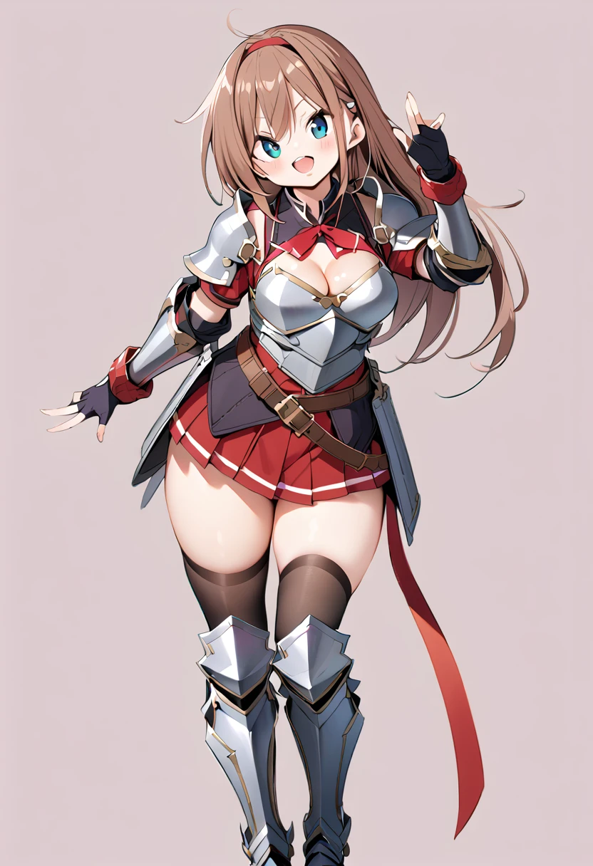 masterpiece, best quality, 1girl, solo, armor, thighhighs, skirt, brown-hair, blue-eyes, breasts, open-mouth, cleavage, smile, black-thighhighs, full-body, hairband, boots, medium-breasts, armored-boots, gloves, fingerless-gloves, pleated-skirt, greaves, shoulder-armor, belt, looking-at-viewer, pauldrons, simple-background, zettai-ryouiki, very-long-hair, gauntlets, breastplate, red-hairband, black-gloves, outline, standing, blush, armored-dress
