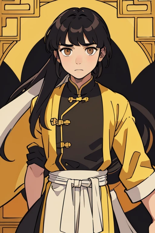 ( Best Quality, ancient china, A boy), long loose hair, black hair, tender golden eyes, yellow hanfu