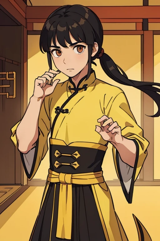 ( Best Quality, ancient china, A boy), long loose hair, black hair, tender golden eyes, yellow hanfu